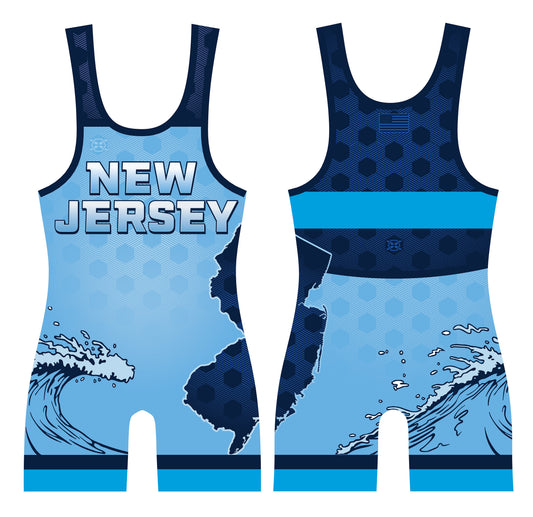New Jersey 'Blue Wave' Wrestling Singlet - Youth & Adult (Men's Cut)